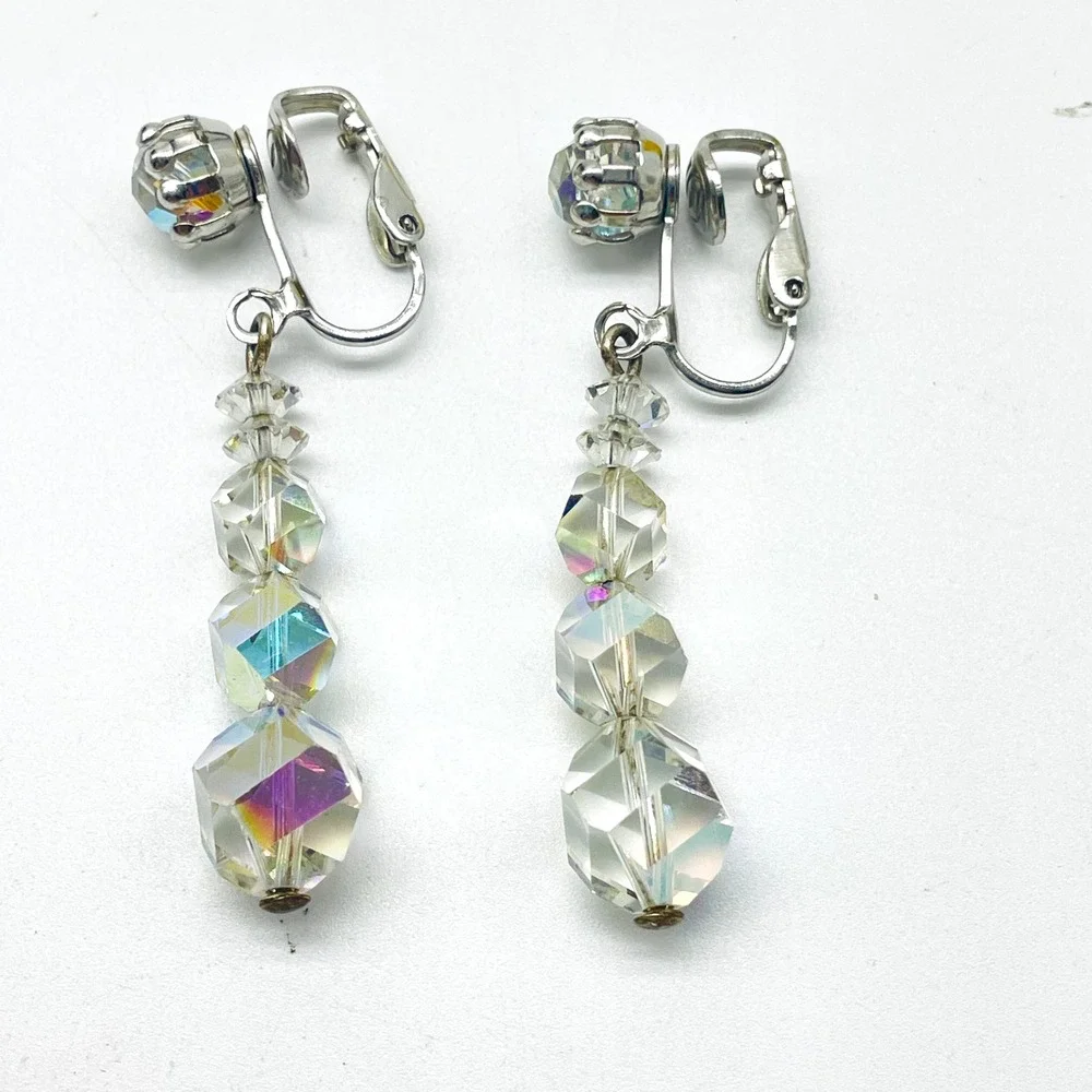 Vintage Dangle Earrings AB Aurora Borealis Clip On Silver Tone Faceted Beads
